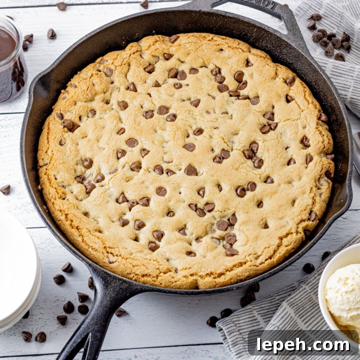 cast iron skillet with a chocolate chip cookie
