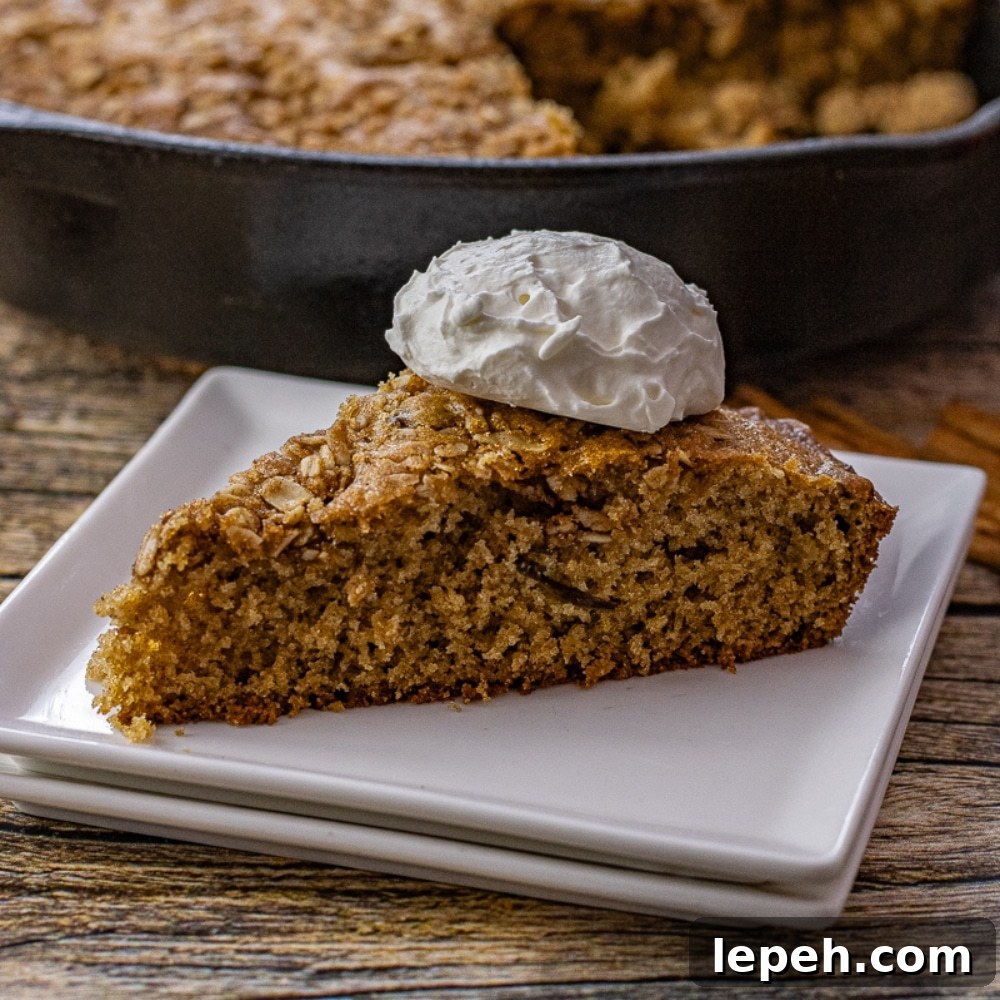 slice of apple cinnamon cake that has been baked in a cast iron skillet