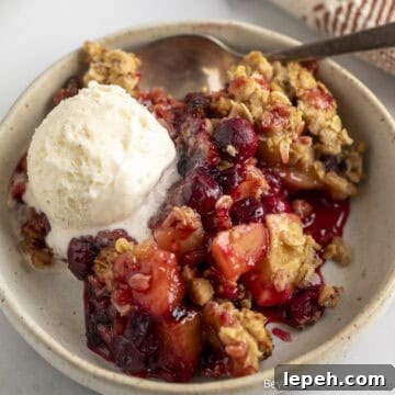 Cranberry Apple Crisp with a scoop of vanilla ice cream.