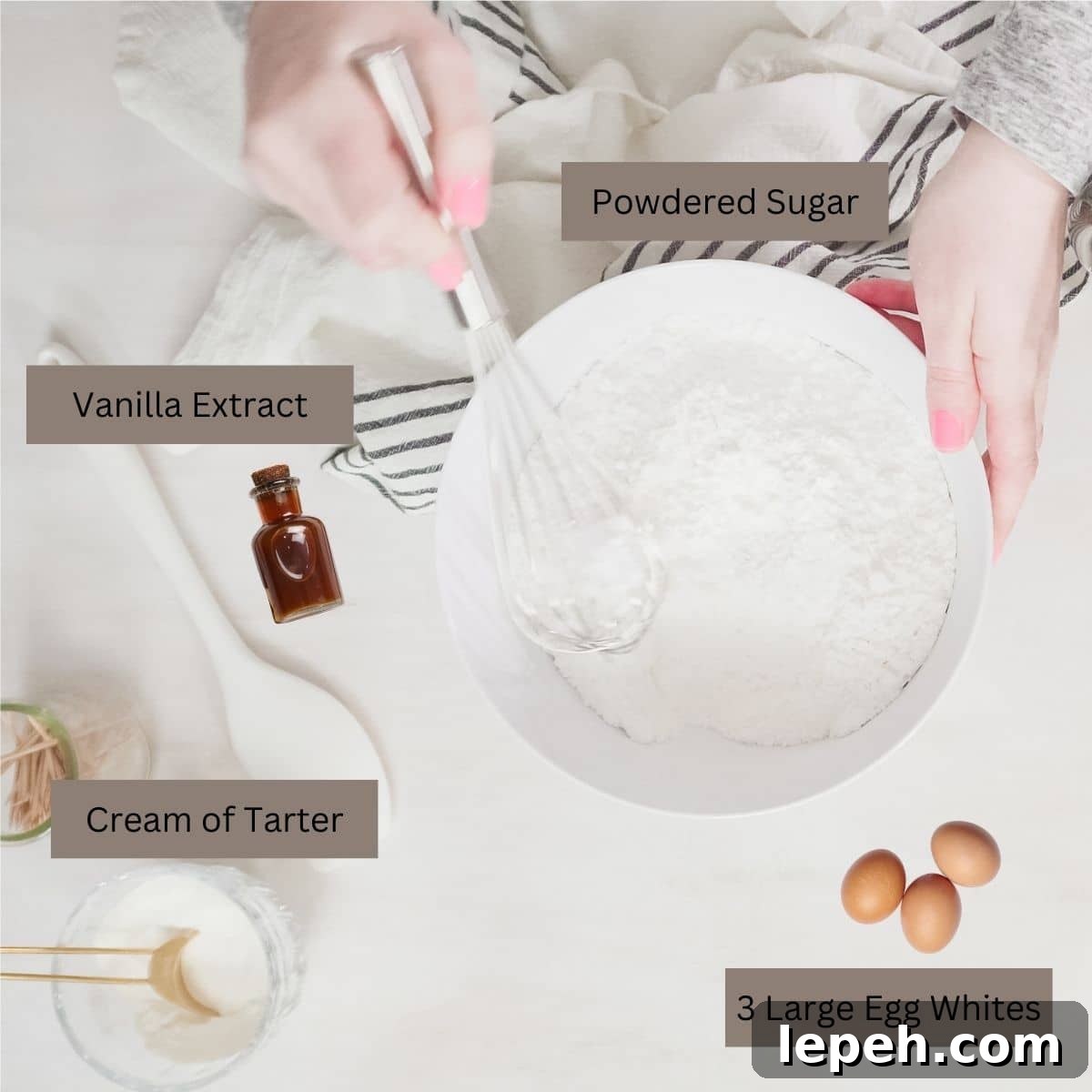royal icing ingredients egg whites, cream of tarter, vanilla extract, powdered sugar