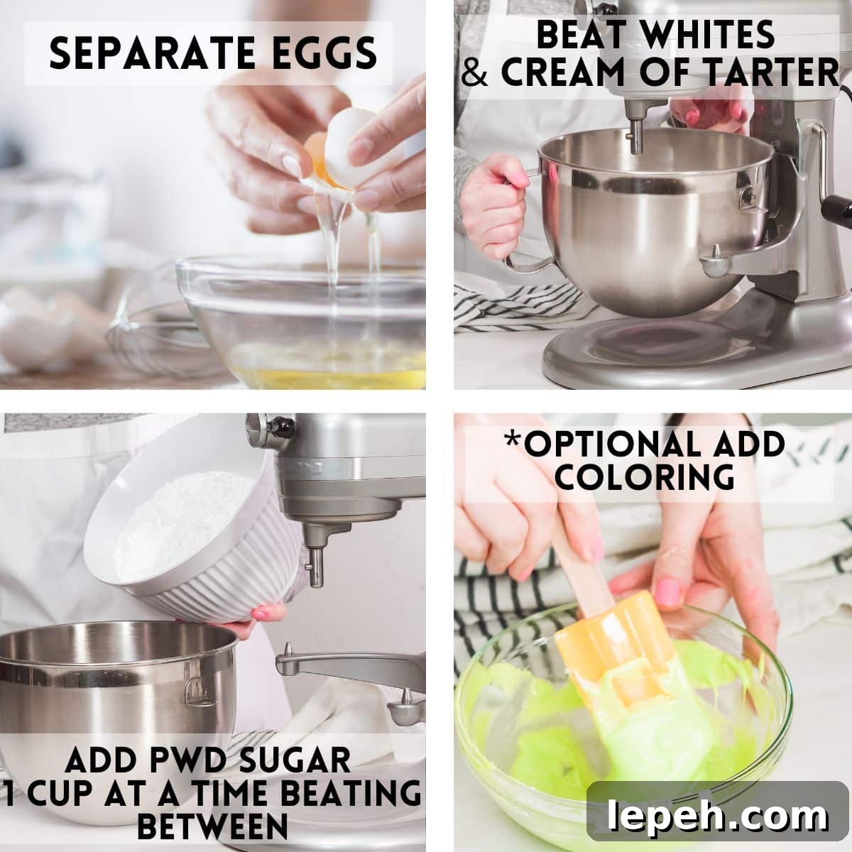 making royal icing separating egg whites, add cream of tarter, beating egg whites to soft peaks,. add sugar 1 C at a time, add color