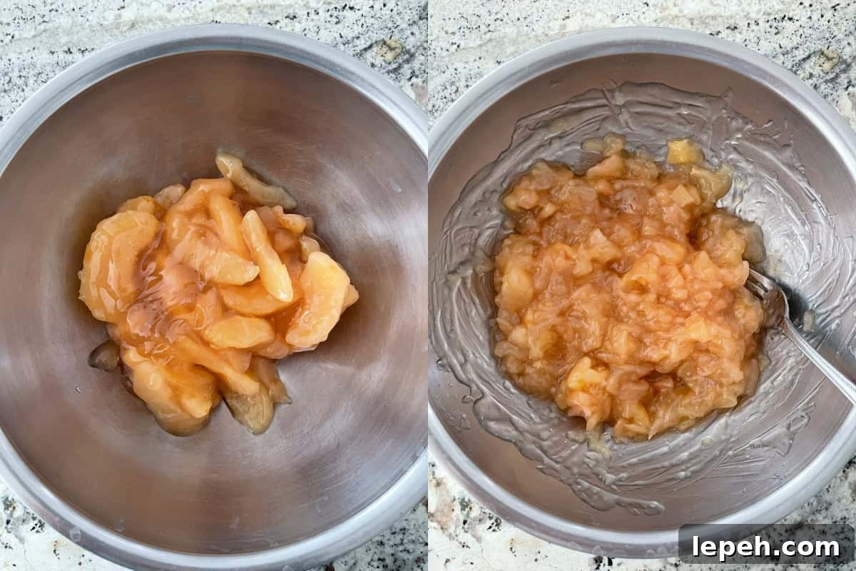 Collage with can of apple pie filling in mixing bowl on the left and mashed apple pie filling in mixing bowl on the right.
