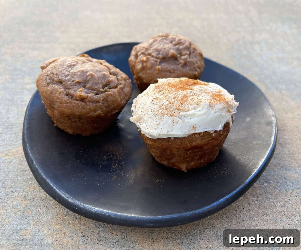Fresh baked 2-ingredient apple spice cake mix cupcakes, one with frosting and light dusting of cinnamon, on brown ceramic plate.