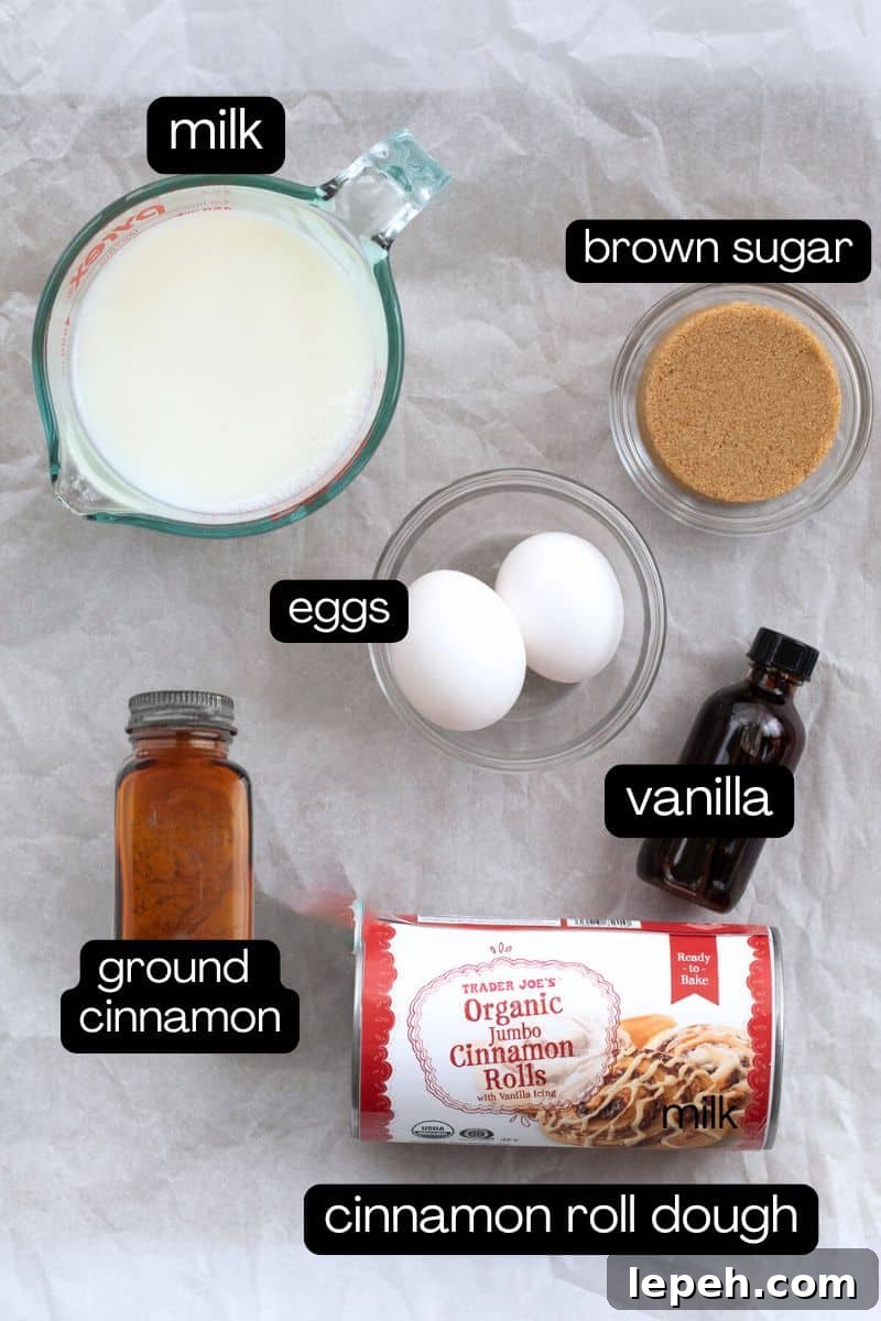ingredients for a refrigerated cinnamon roll dough breakfast casserole