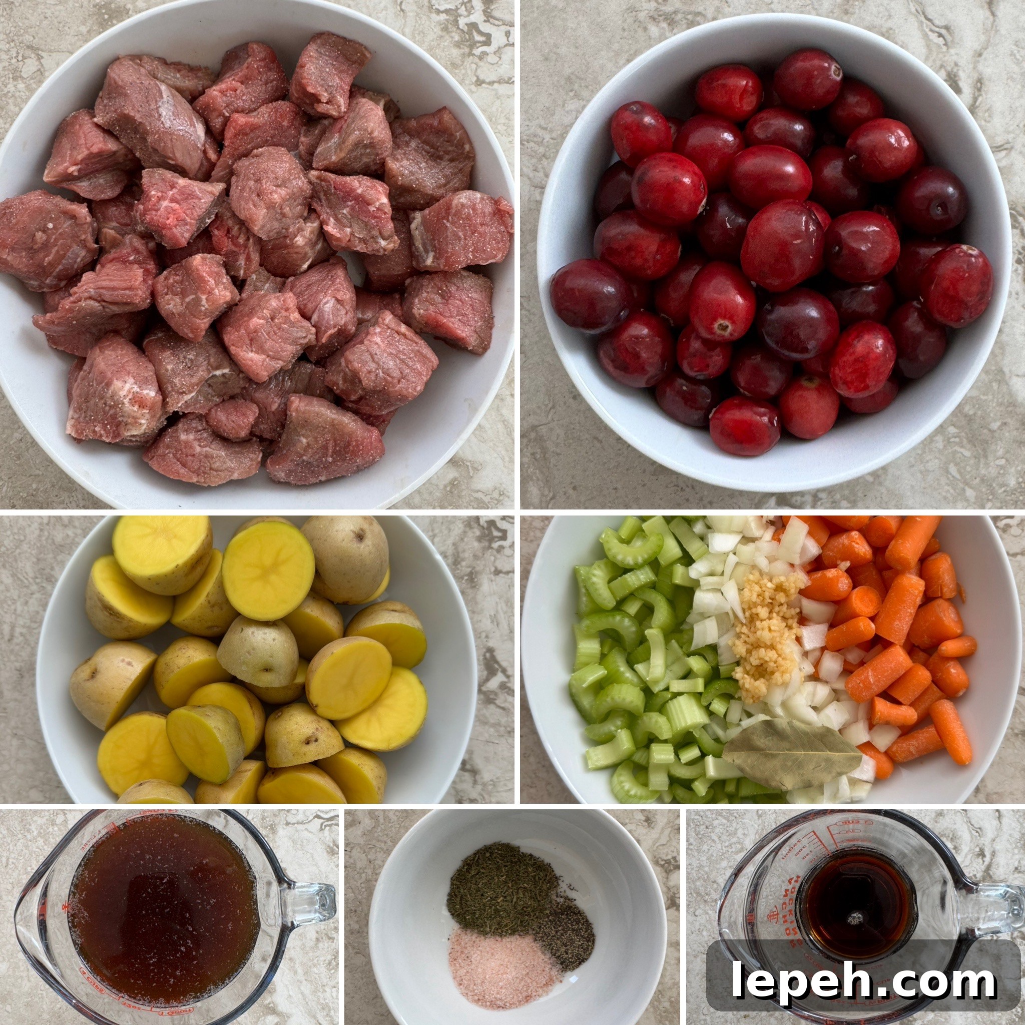 Cranberry Beef Stew in a Slow Cooker — Comforting One-Pot Meal 3 collage of ingredients for slow cooker cranberry beef stew