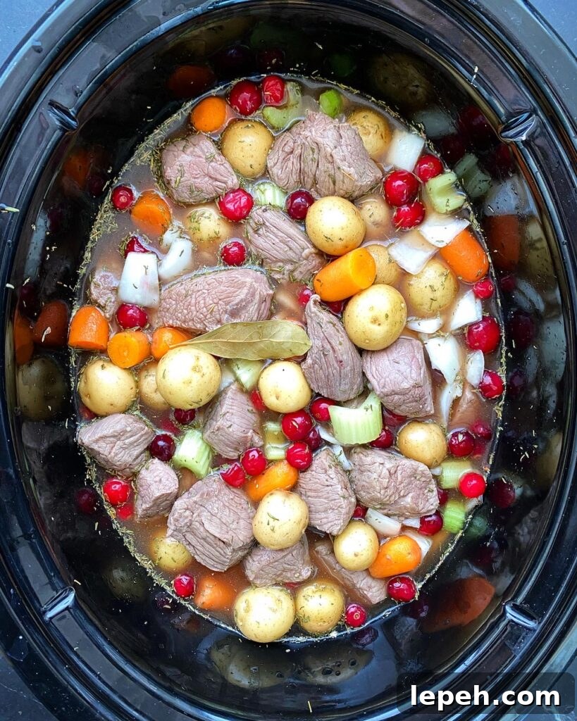 overhead shot of uncooked cranberry beef stew in a black slow cooker