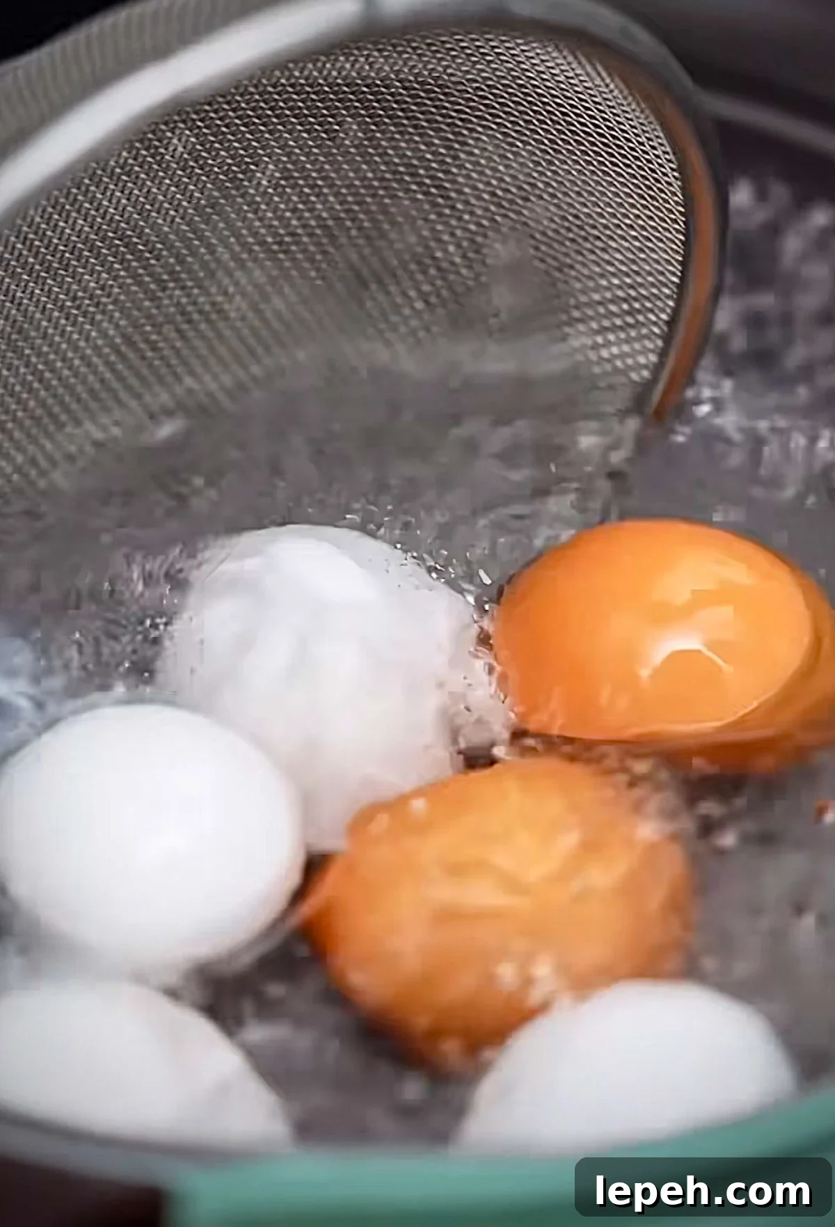 eggs being gently dropped into boiling water.