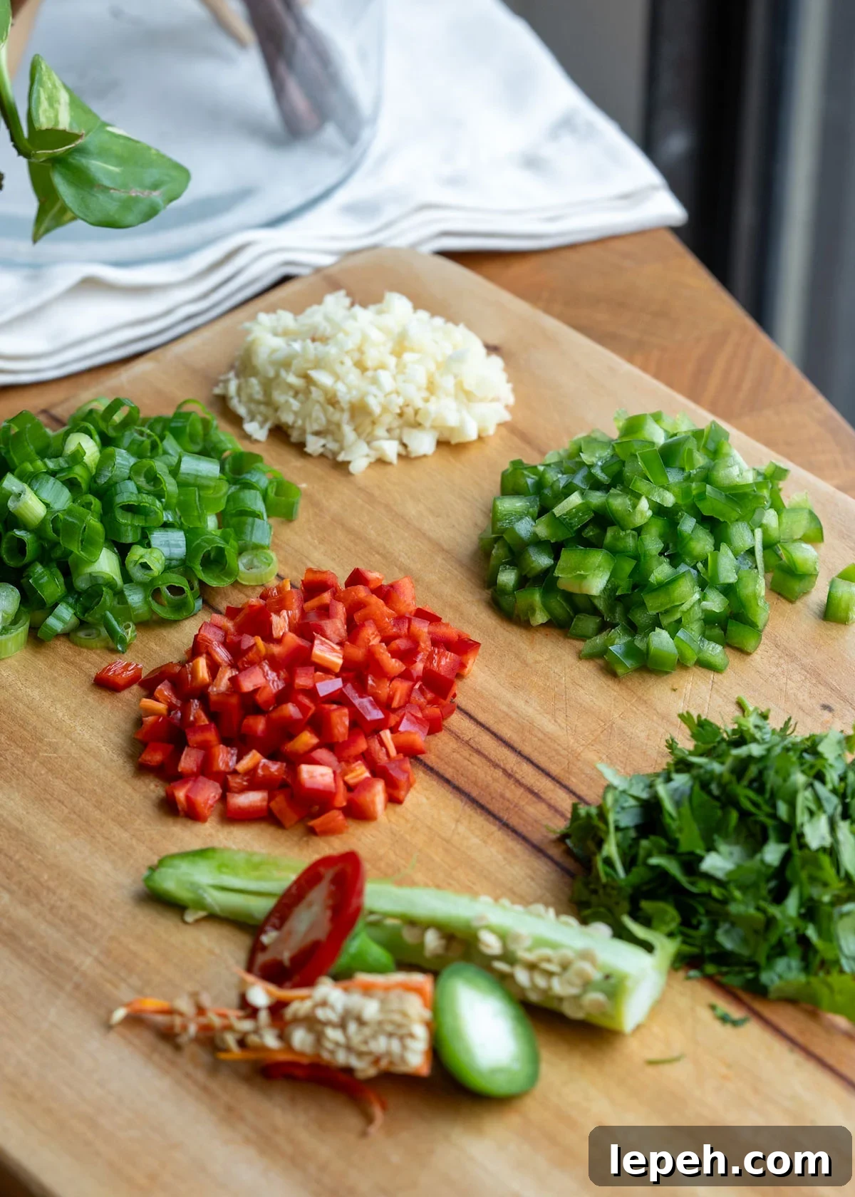 chopped garlic, chili peppers, green onion, and cilantro for mayak eggs.