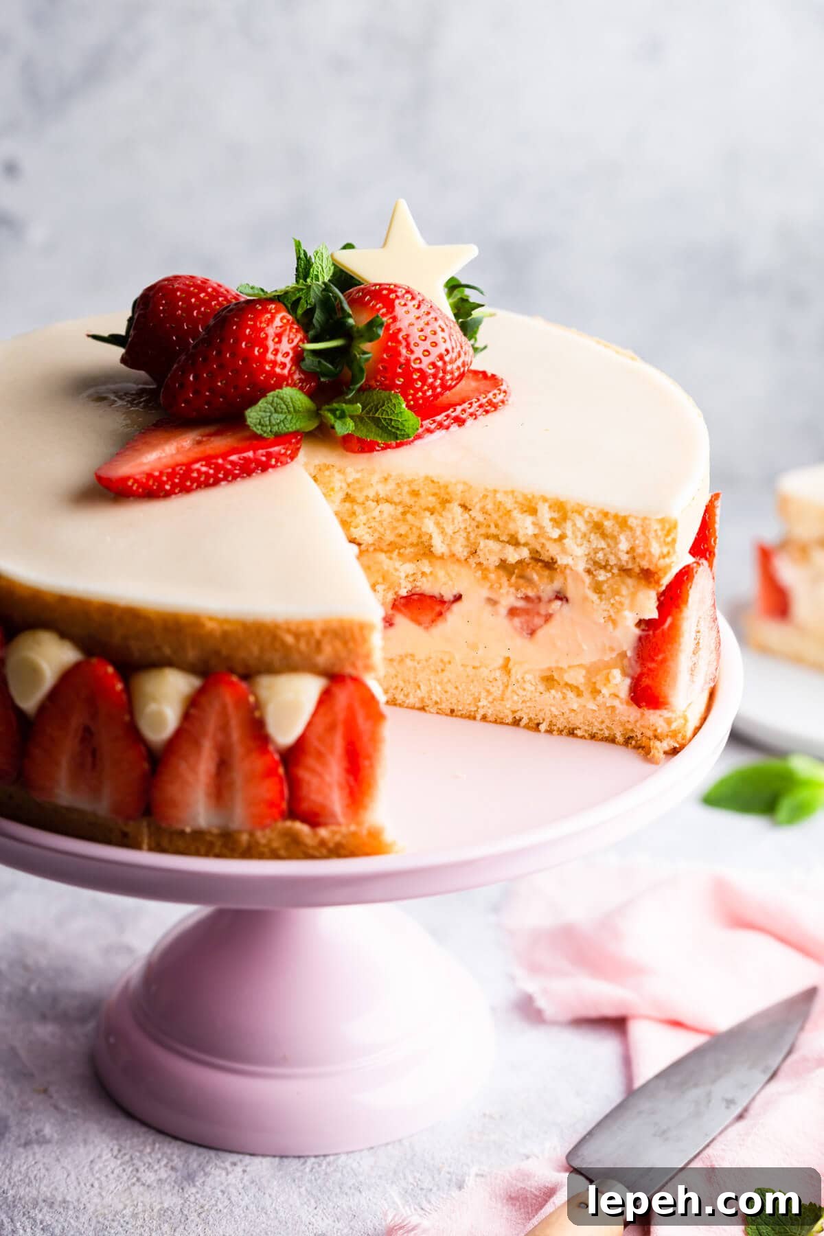 45 degree angle close up of fraisier cake with slice cut out